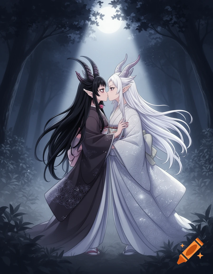 Anime-style demon women with black and white hair and horns kissing in a dark forest under moonlight.