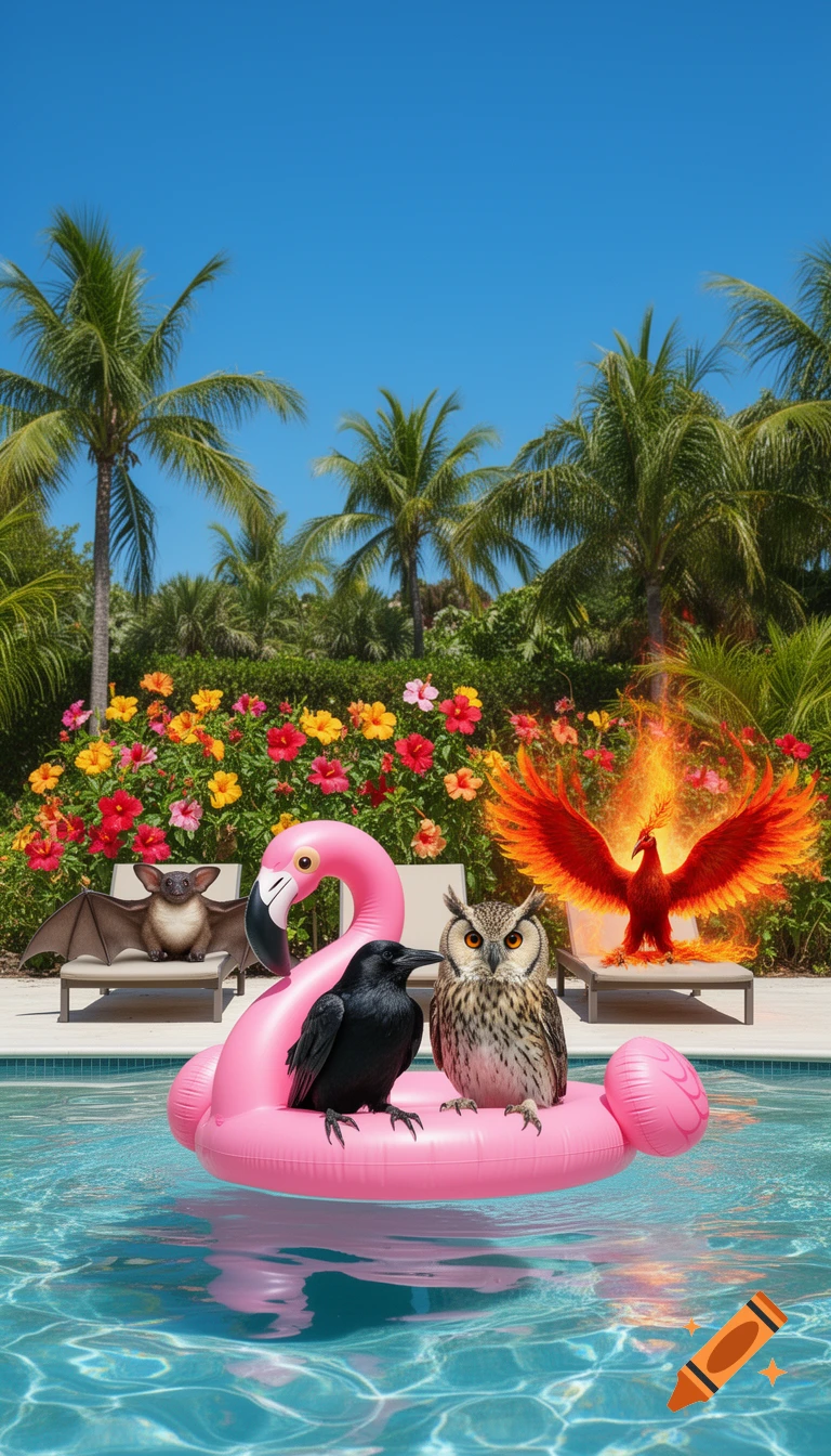 A crow and an owl sit on a pink flamingo pool float. A bat and a fiery phoenix relax on lounge chairs by a tropical pool.