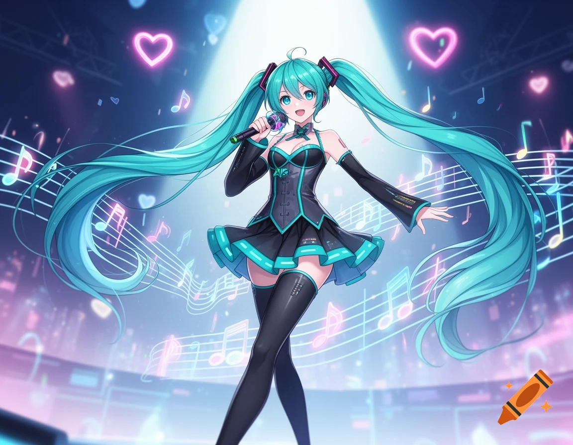 Anime illustration of Hatsune Miku in a black and teal outfit singing on a brightly lit stage with musical notes and hearts.