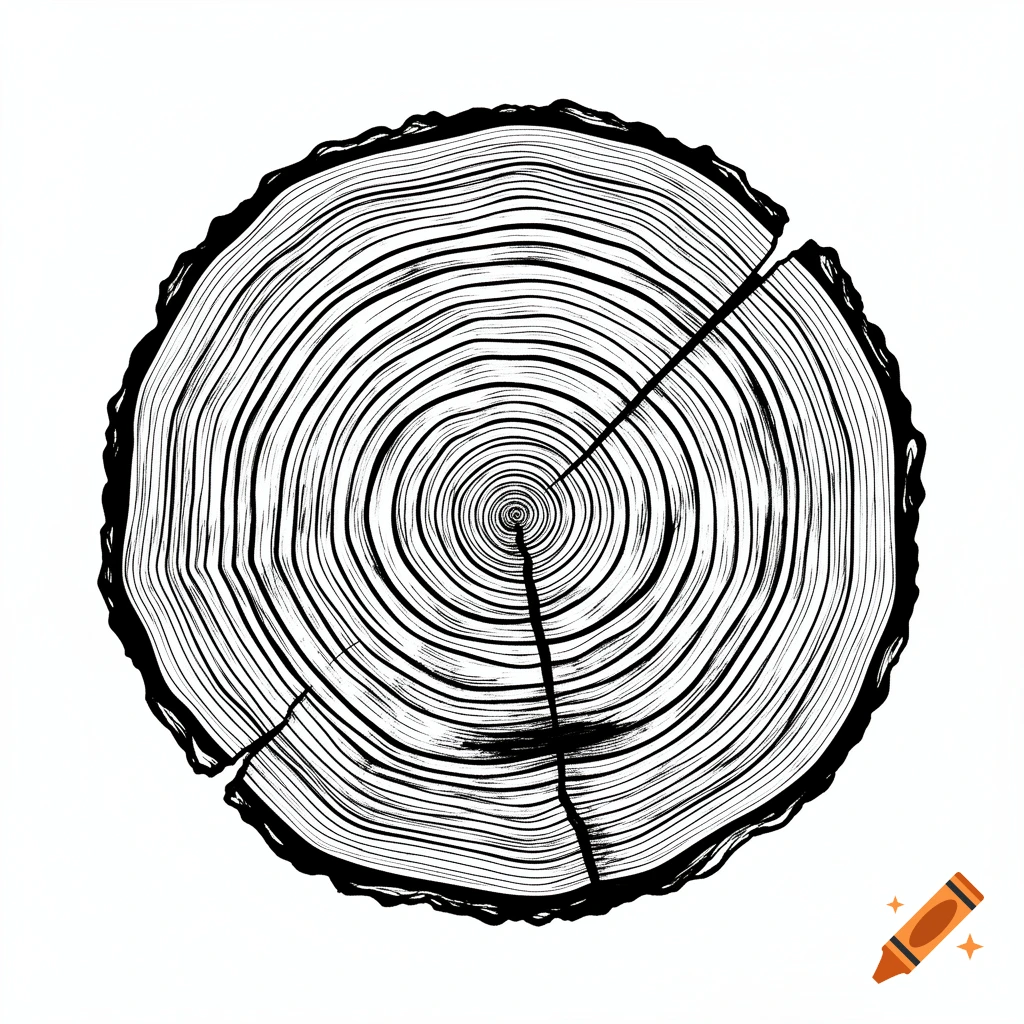 Black and white illustration of a tree trunk cross-section showing concentric growth rings and cracks.