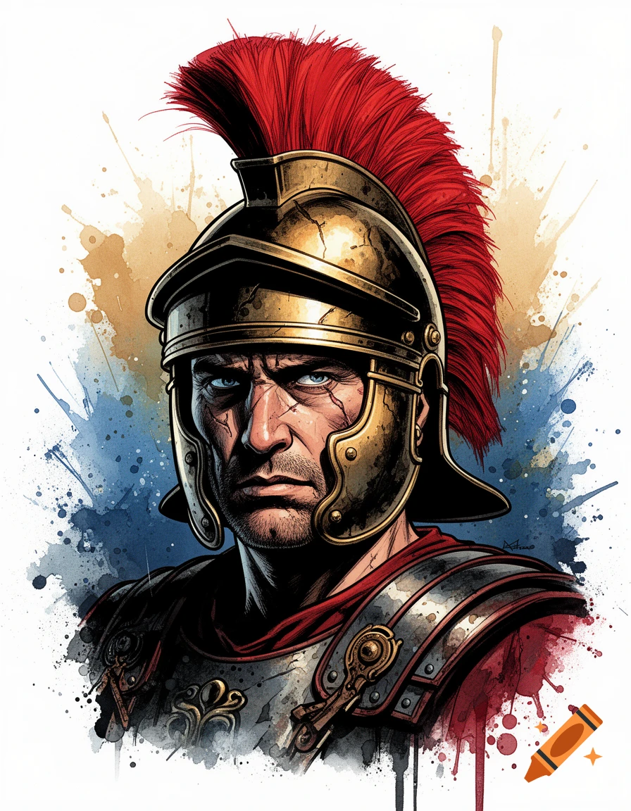 Illustrative portrait of a battle-worn Roman soldier wearing a golden galea helmet with a bright red feather crest, against a background of ink splatters.