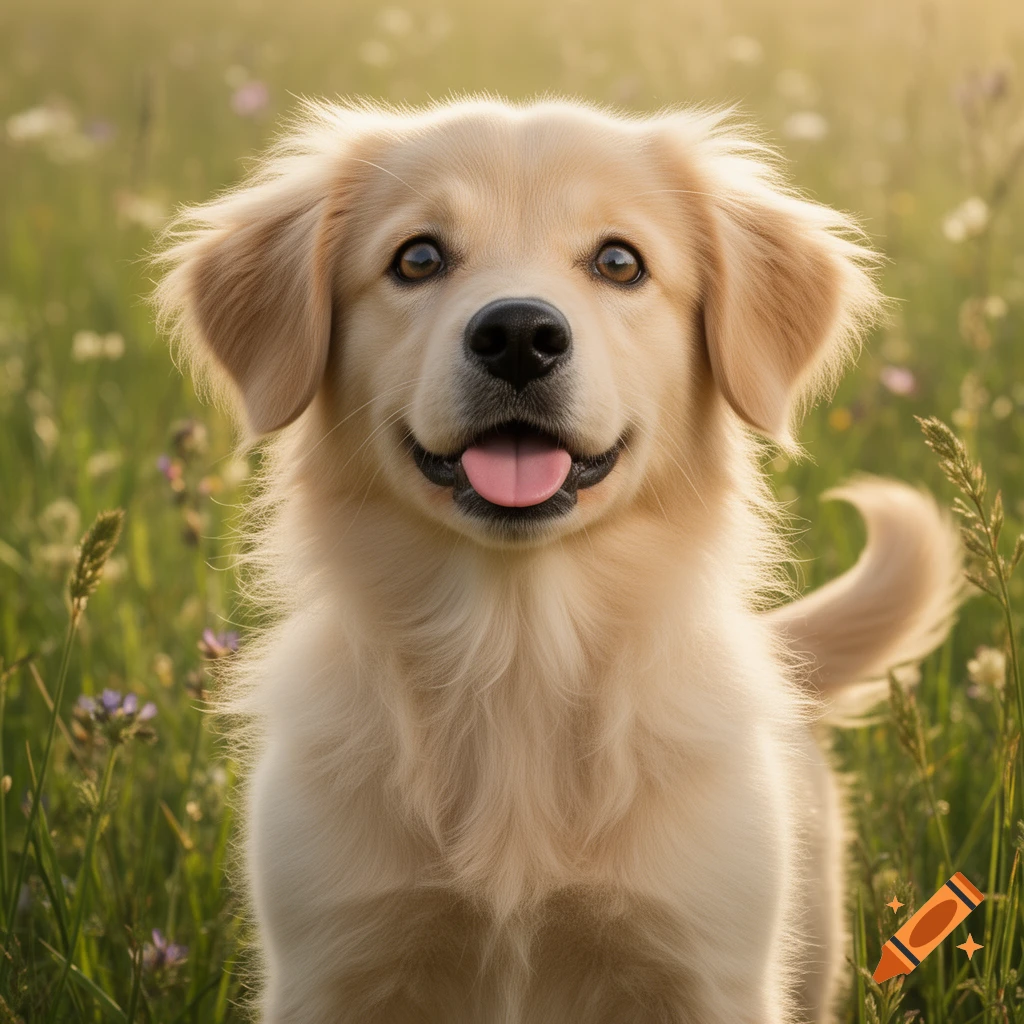 A photorealistic golden retriever puppy smiles, tongue out, in a sunny, grassy field.