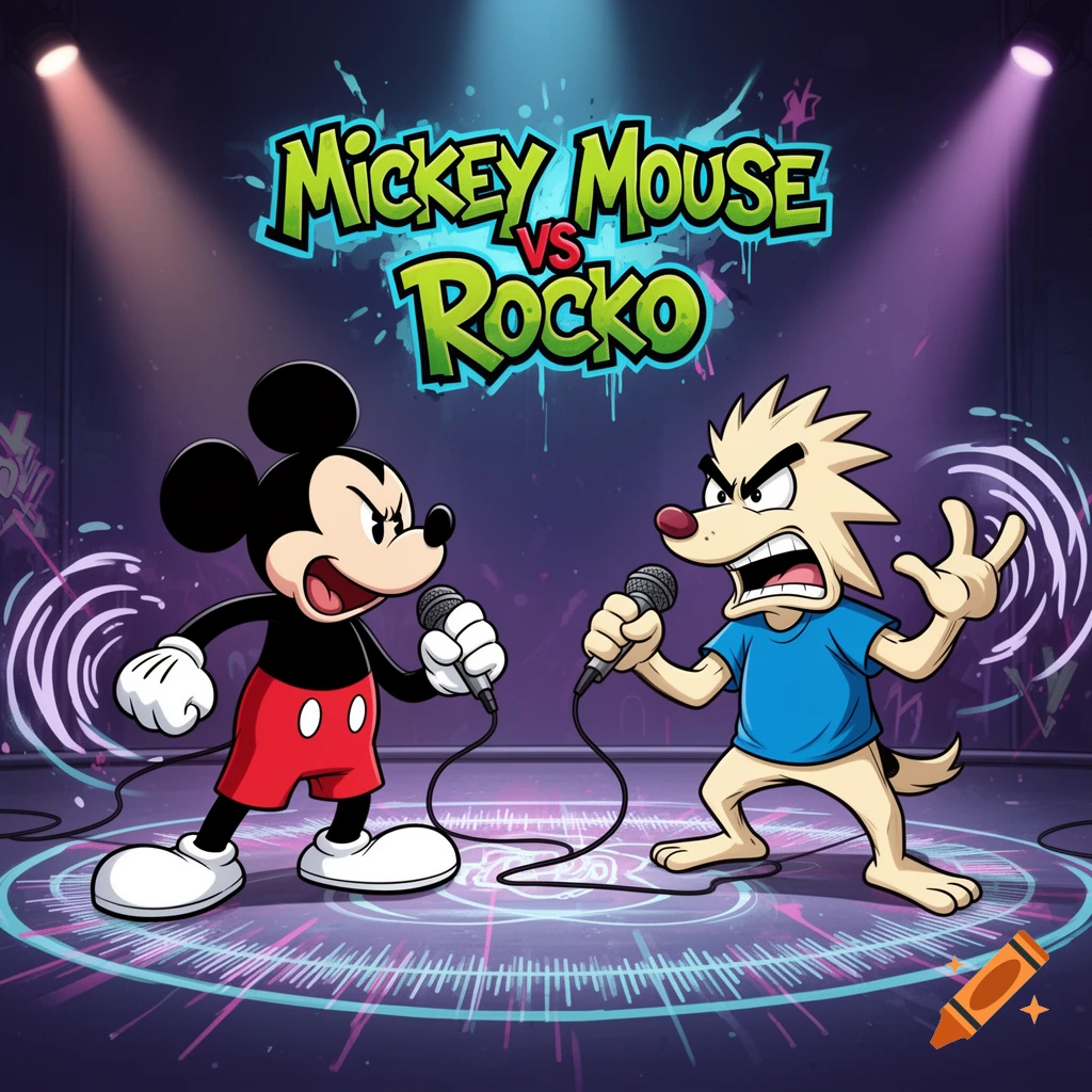 Mickey Mouse and Rocko from Rocko's Modern Life angrily face each other with microphones on a neon-lit stage, text reads 'Mickey Mouse VS Rocko'.