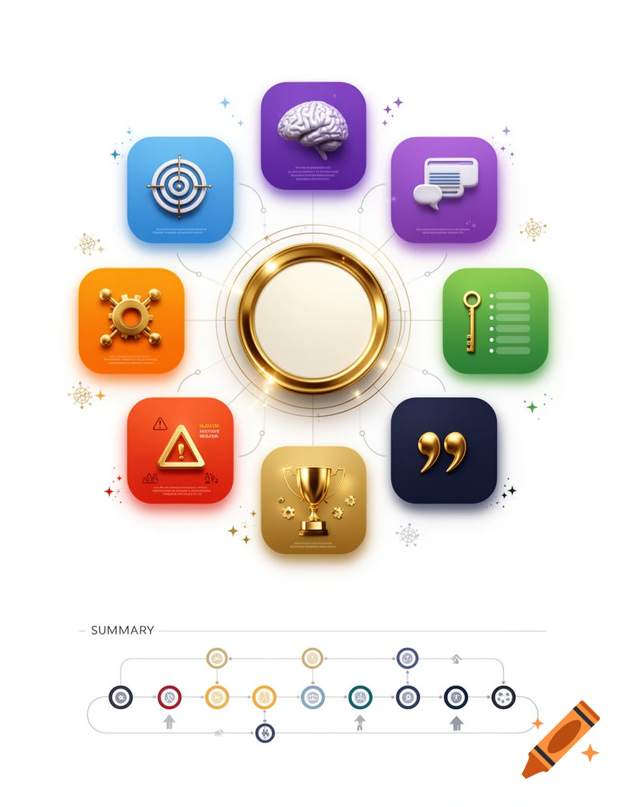 A premium luxury infographic template with a central golden circle surrounded by seven rounded cards with icons like a target, brain, gear, key, warning triangle, trophy, and quotation marks, all connected by lines. A 'SUMMARY' flowchart is at the bottom.