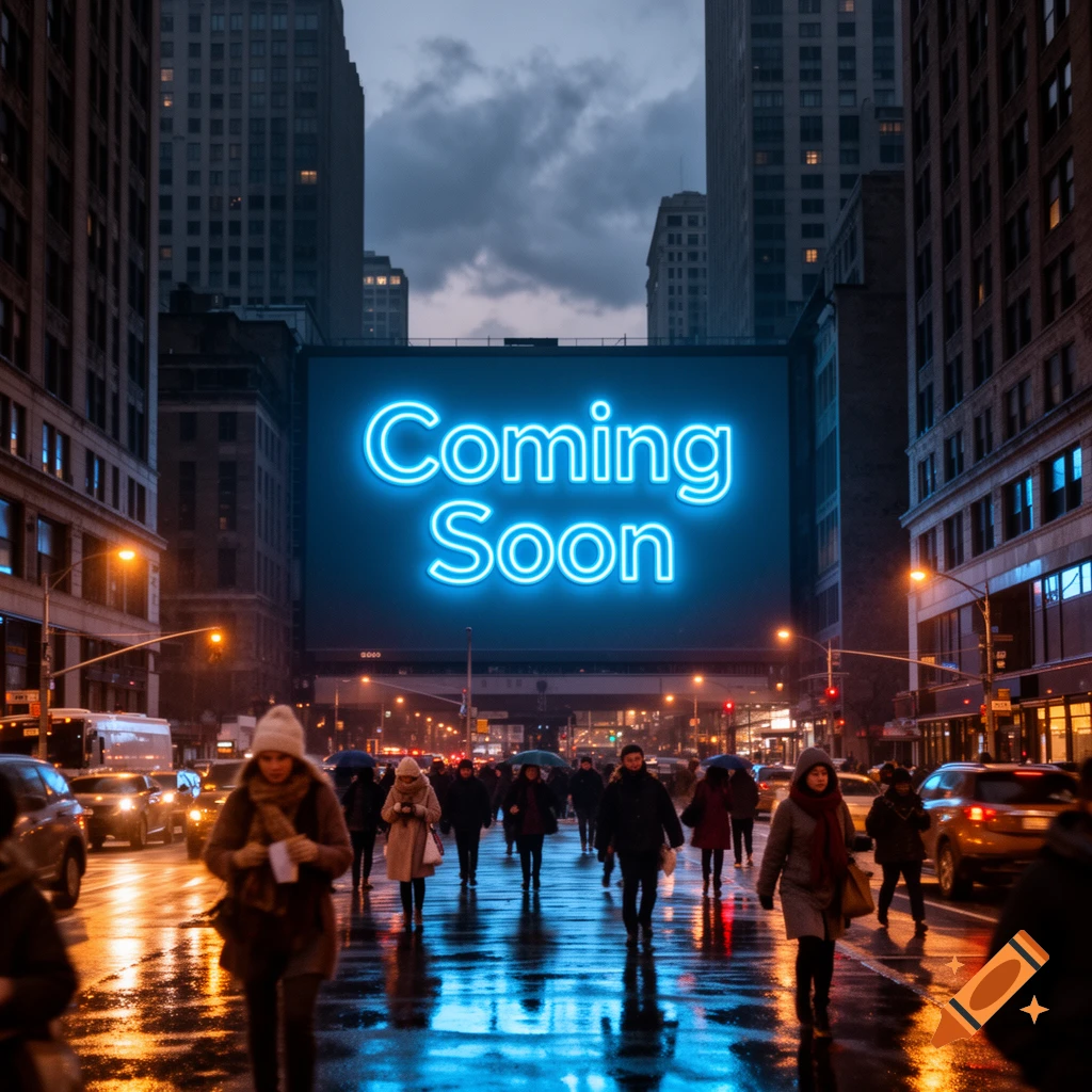A busy city street at night with people walking on a wet street reflecting neon lights, and a large billboard displaying "Coming Soon" in glowing blue text.