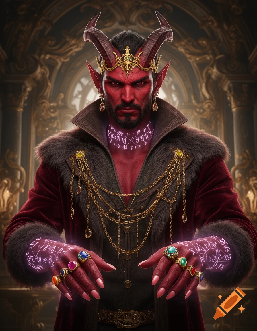 A regal red-skinned tiefling warlock with horns, a golden crown, elaborate clothing, and glowing magical runes, looking intimidating.