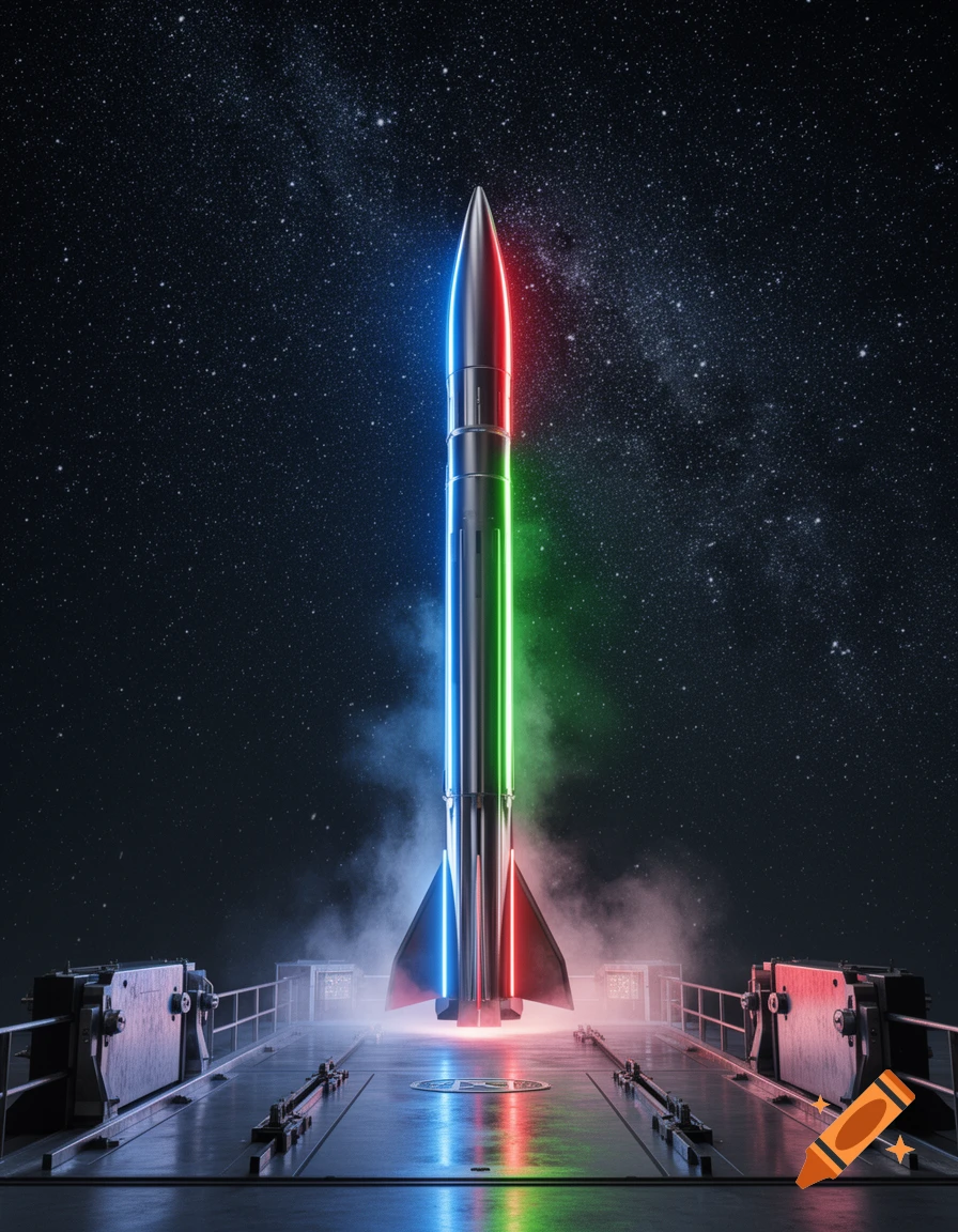 A sleek, RGB-lit rocket stands vertically on a launchpad, reflecting vibrant colors onto the misty ground under a star-filled night sky.