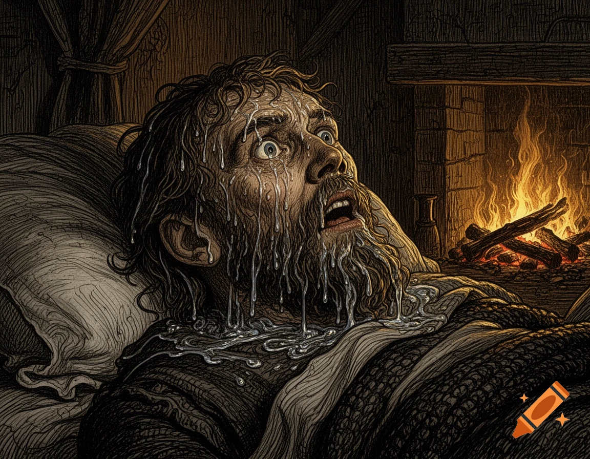 A terrified, sweat-drenched medieval man waking in bed by a fireplace, in a dramatic Gustave Doré engraving.