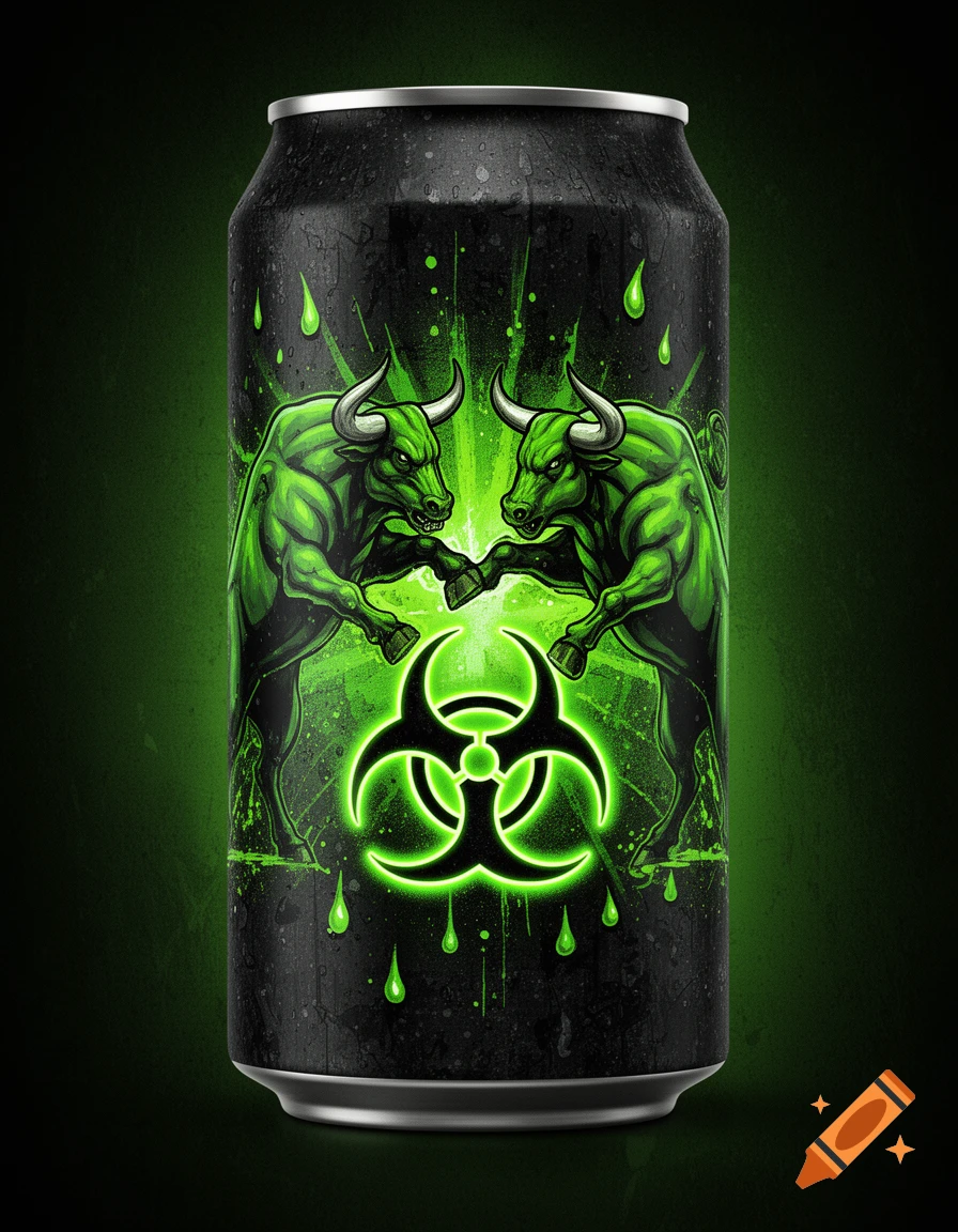 A black soda can featuring two stylized glowing green bulls clashing over a neon biohazard symbol, with grunge textures and glowing green acid drops, in graffiti style.