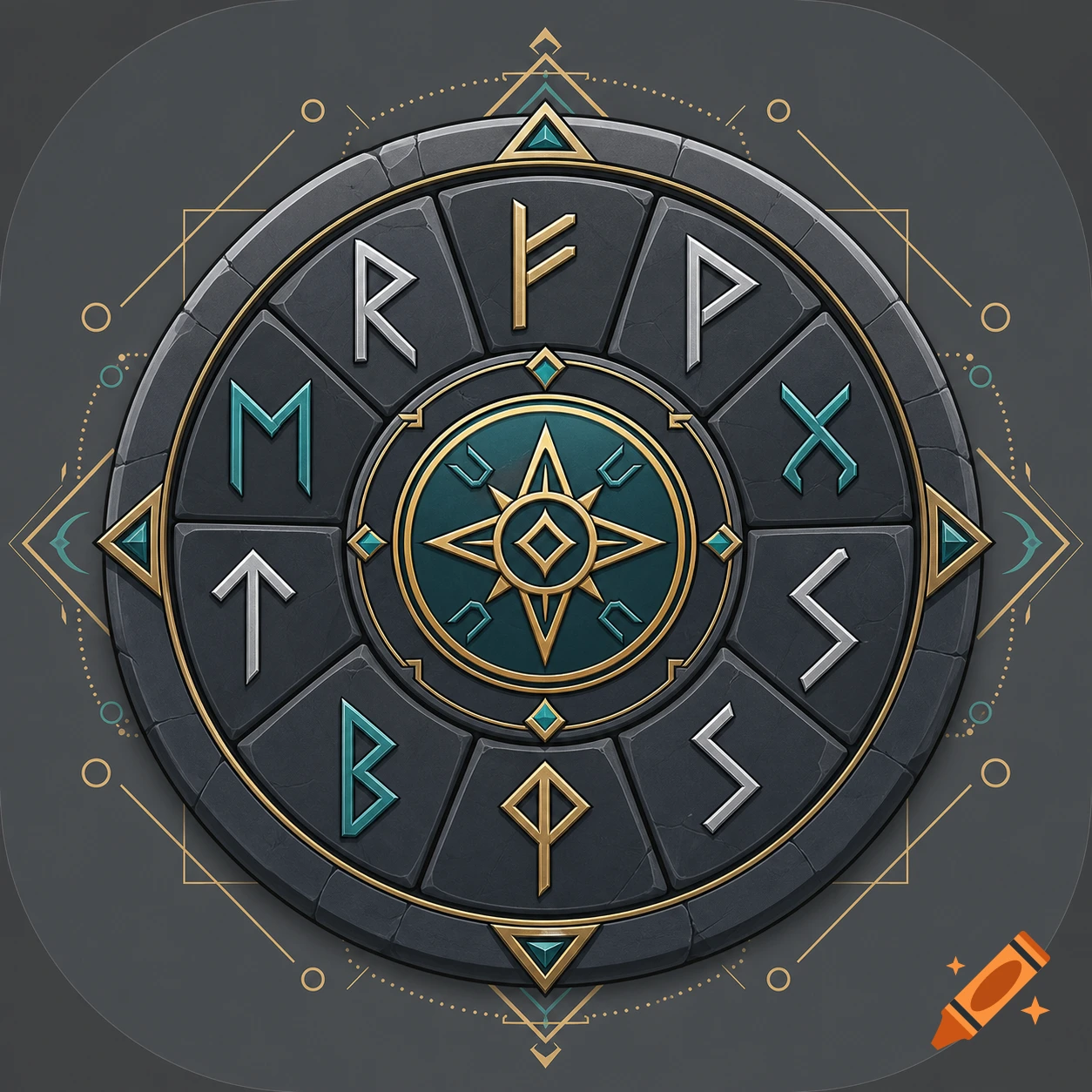 Stylized dark gray stone circular board with gold and teal geometric patterns and ancient runes on a dark background.