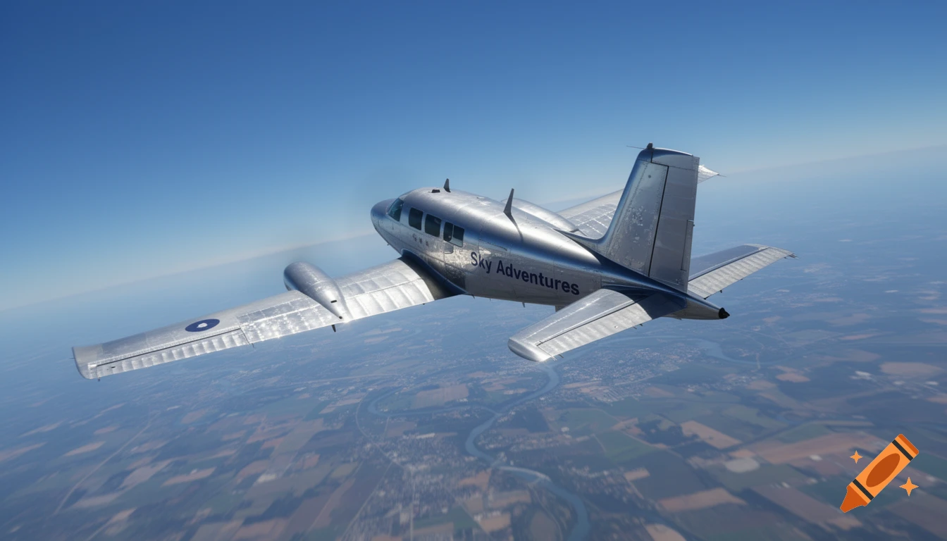 Silver propeller plane with "Sky Adventures" on its side flying under a clear blue sky, with a landscape below.