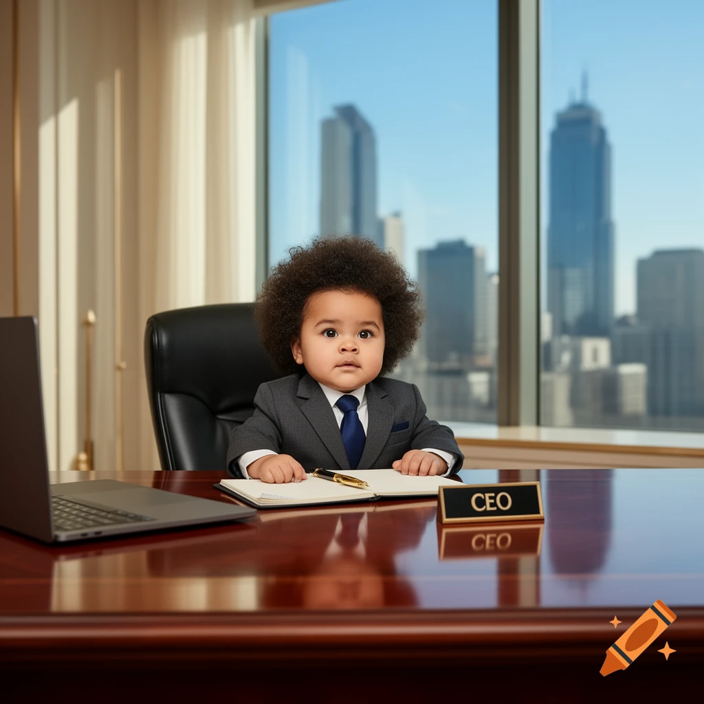 A baby with an afro wearing a suit sits at a large wooden desk in a CEO's office with a city skyline view. A "CEO" nameplate is on the desk.