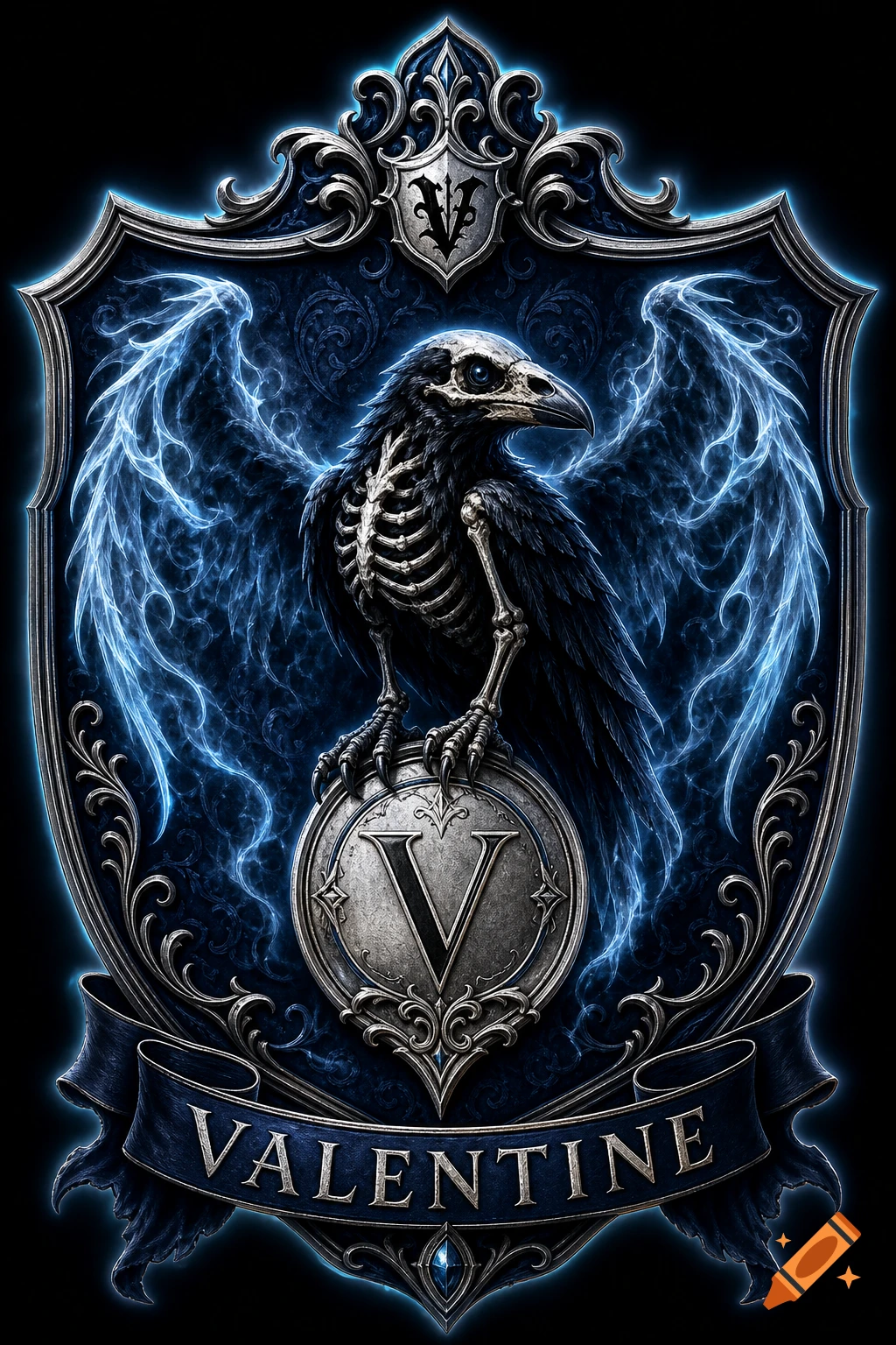 A gothic heraldic shield features a skeletal raven with glowing blue spectral wings, holding a platinum 'V' seal, and a banner reading 'VALENTINE'.