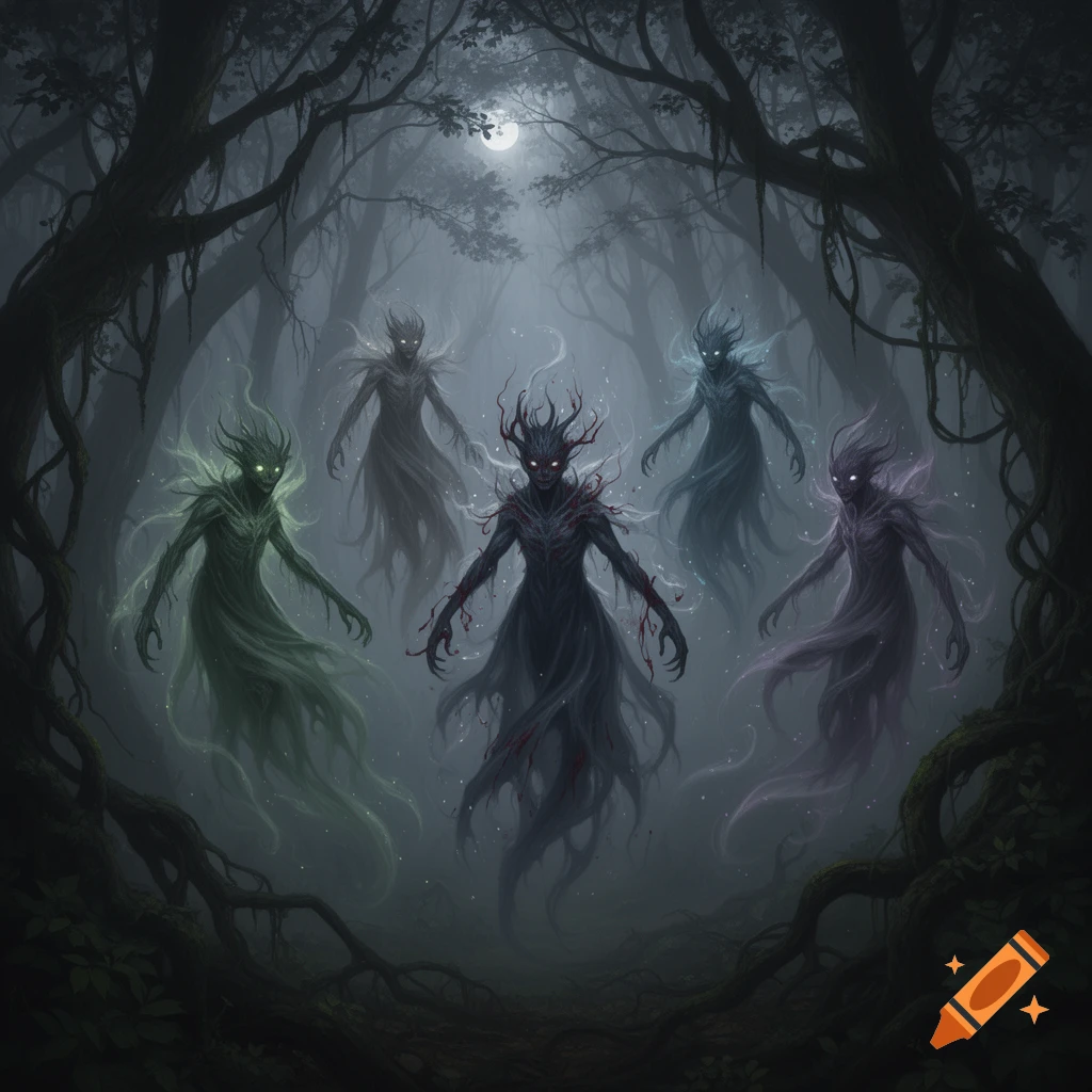 Five glowing-eyed, skeletal forest spirits in a dark, misty forest under a full moon, dark fantasy art style.