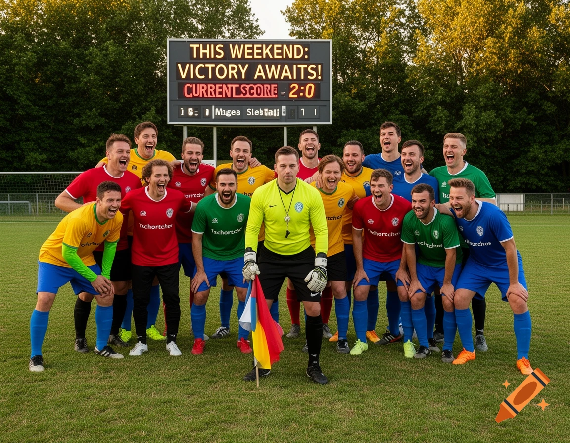 A smiling soccer team and a referee pose in front of a scoreboard on a green field under a clear sky.