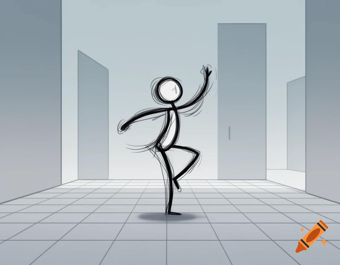 A stylized stick figure in a dancing pose with motion lines, standing on a gridded floor in a minimalist room with gray walls.