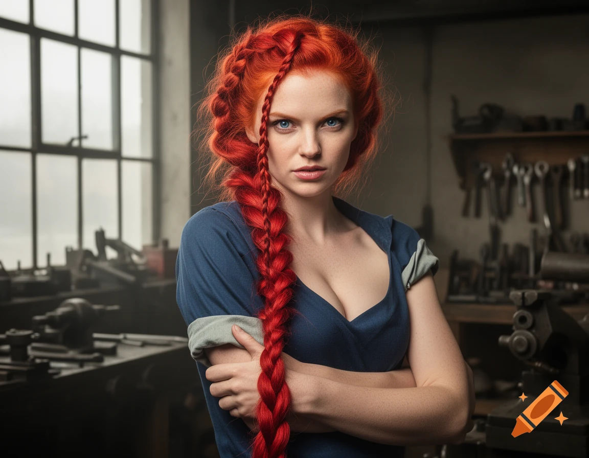 A photorealistic portrait of a red-haired woman with elaborate braids, wearing a blue work shirt, standing with crossed arms in a dim workshop.