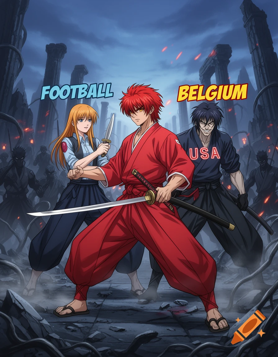 Anime-style poster showing three warriors, a man in red with a sword, a woman with a knife, and a man in black, in a ruined city. Text reads 'FOOTBALL', 'BELGIUM', 'USA'.