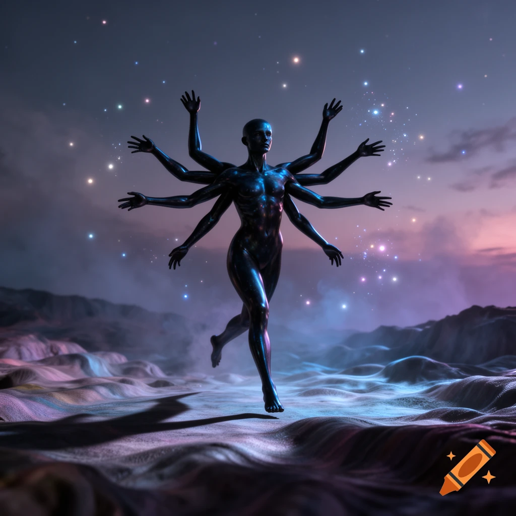A stylized, dark, multi-armed humanoid figure strides across a glowing, alien landscape under a starry, purple and blue twilight sky.