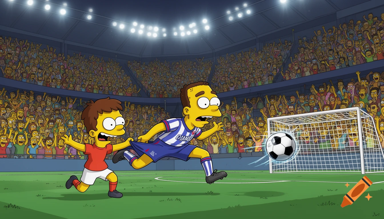 A cartoon fan, like a Simpson's character, pulls down a soccer player's shorts while kicking a ball into a goal in a crowded stadium.
