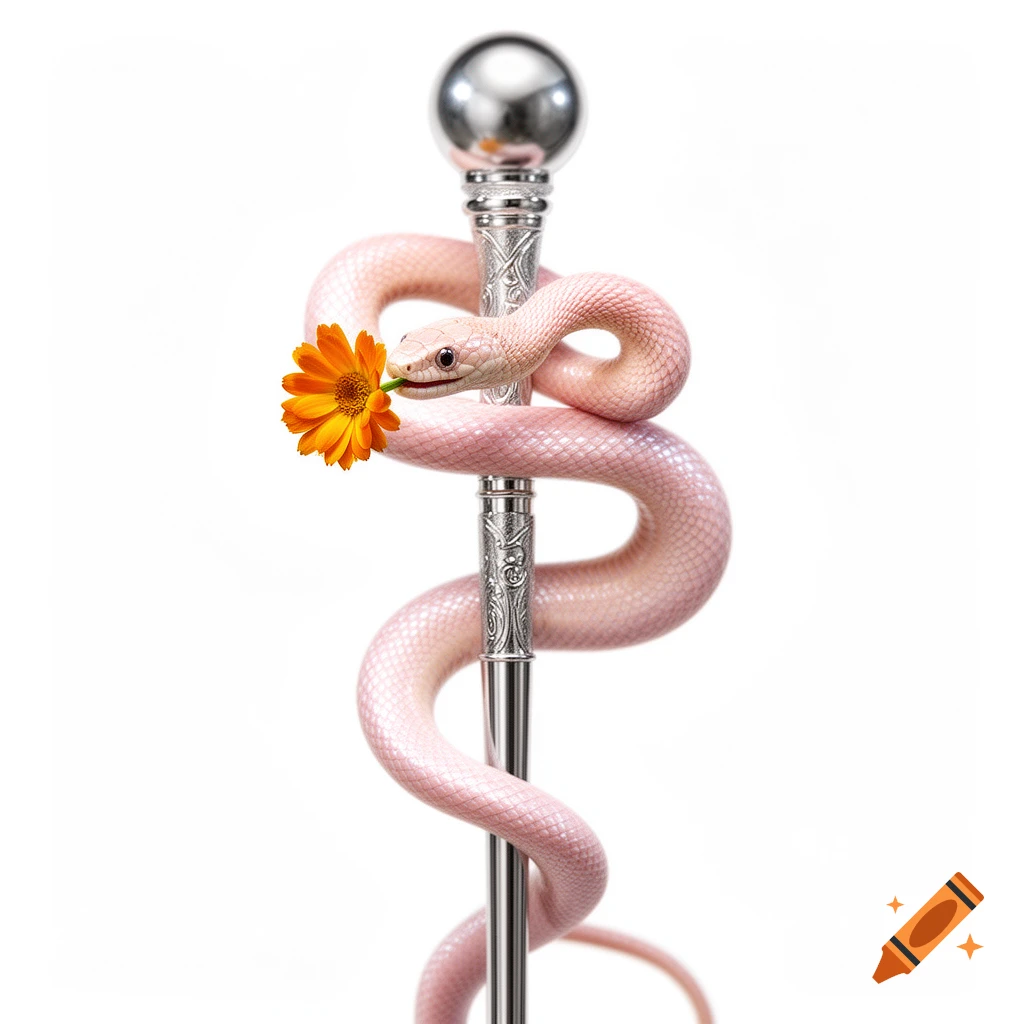A light pink snake with an orange calendula flower in its mouth, wrapped around an ornate silver staff with a silver orb top, on a white background.
