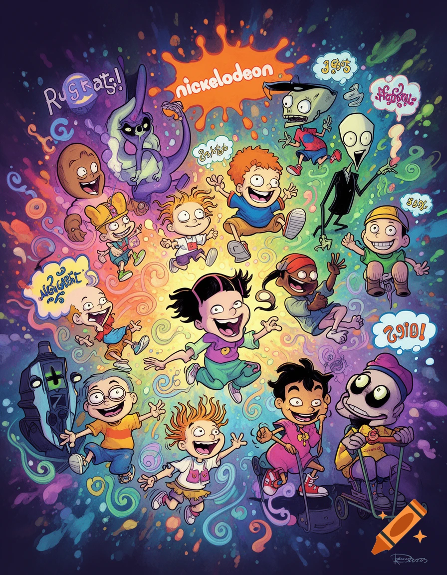 A colorful, vibrant collage of various Nickelodeon cartoon characters from shows like Rugrats and Invader Zim, set against a paint-splatter background.