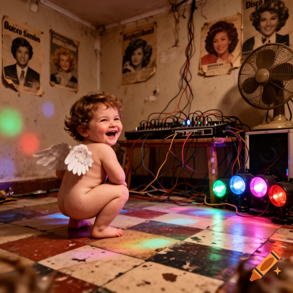 A happy, naked cherub with white wings squats in a dimly lit, grungy room with disco lights, old posters, and tangled electrical wires.