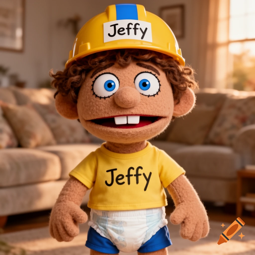 A photorealistic puppet character, Jeffy, wearing a yellow hard hat and t-shirt, a diaper, and blue shorts, stands in a living room.