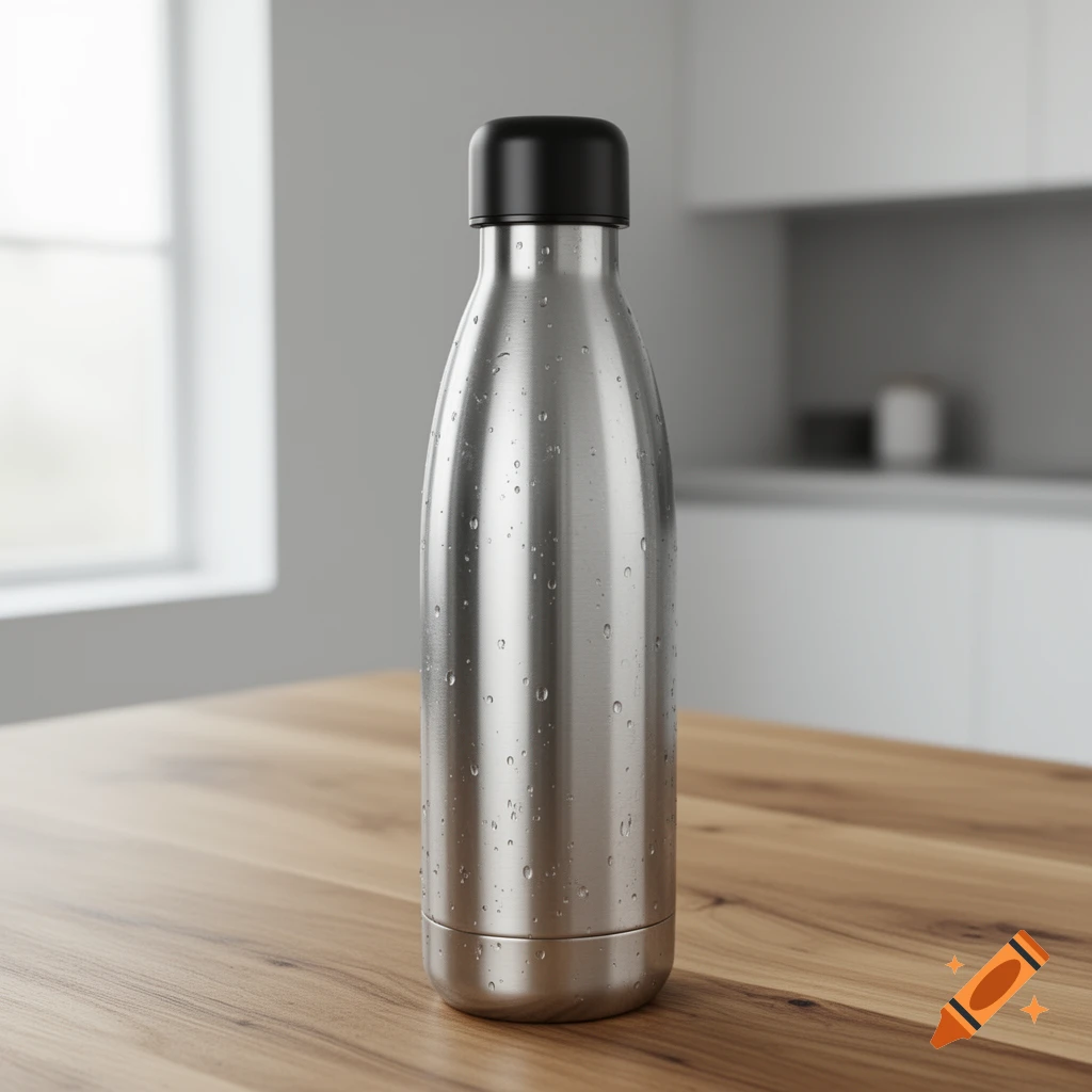 A photorealistic stainless steel water bottle with water droplets stands on a wooden table in a modern kitchen.