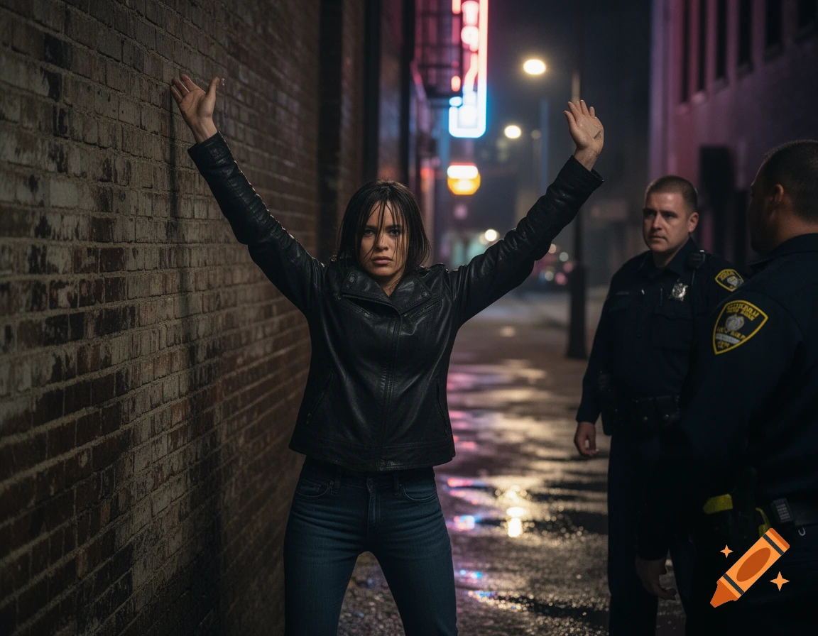 A woman with her hands raised stands against a brick wall at night, facing two police officers. Photorealistic style.