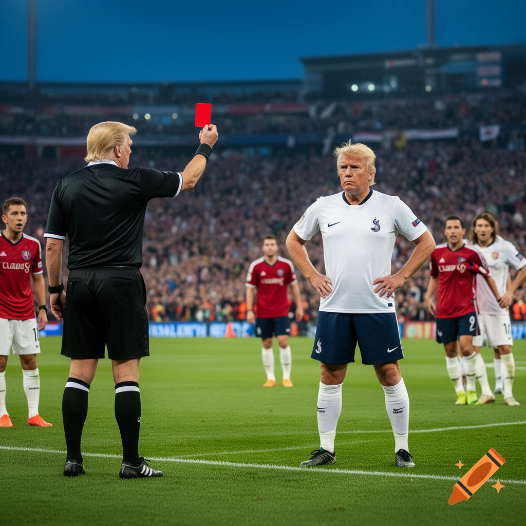A soccer referee, resembling Donald Trump, shows a red card to a player, also resembling Donald Trump, on a crowded soccer field.