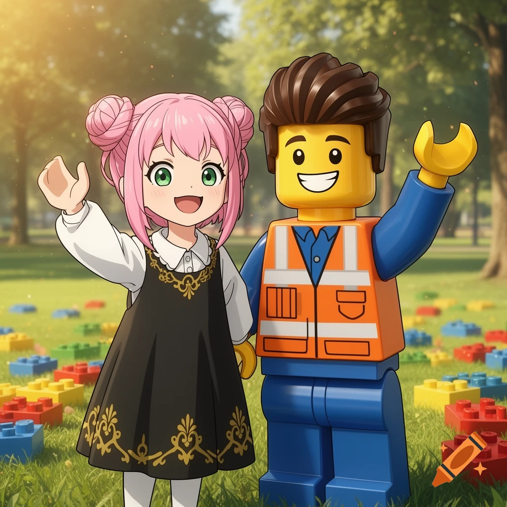 Anya Forger and Emmet from The Lego Movie, in an anime style, smile and wave in a park filled with colorful Lego bricks.
