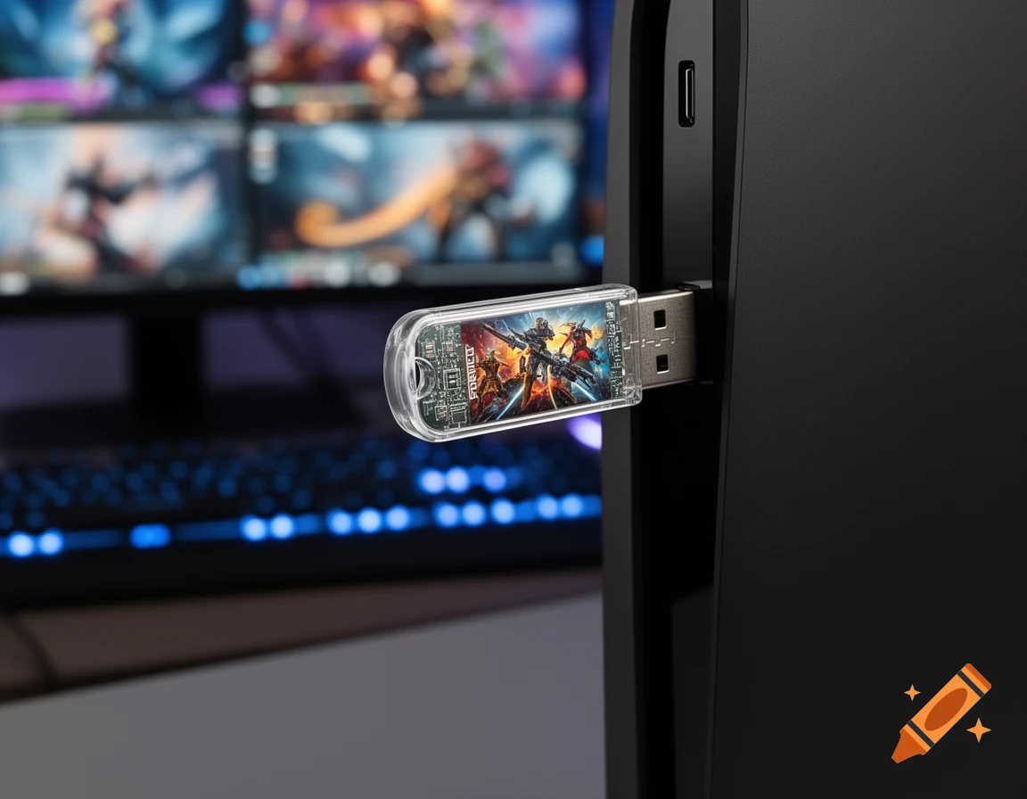 A transparent USB stick with video game artwork plugged into a black gaming console, with a blurred gaming monitor and keyboard in the background.