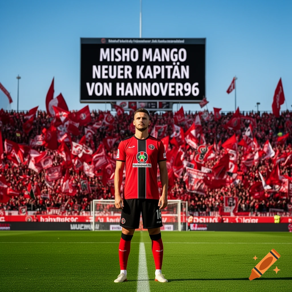 A male soccer player in a red and black uniform stands on a green field in a stadium, with a large screen displaying "MISHO MANGO NEUER KAPITÄN VON HANNOVER96" above a crowd of fans waving red flags.