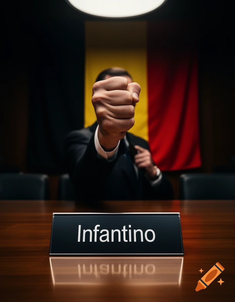 A man in a suit clenching his fist at a table with an 'Infantino' nameplate and a Belgian flag in the background.