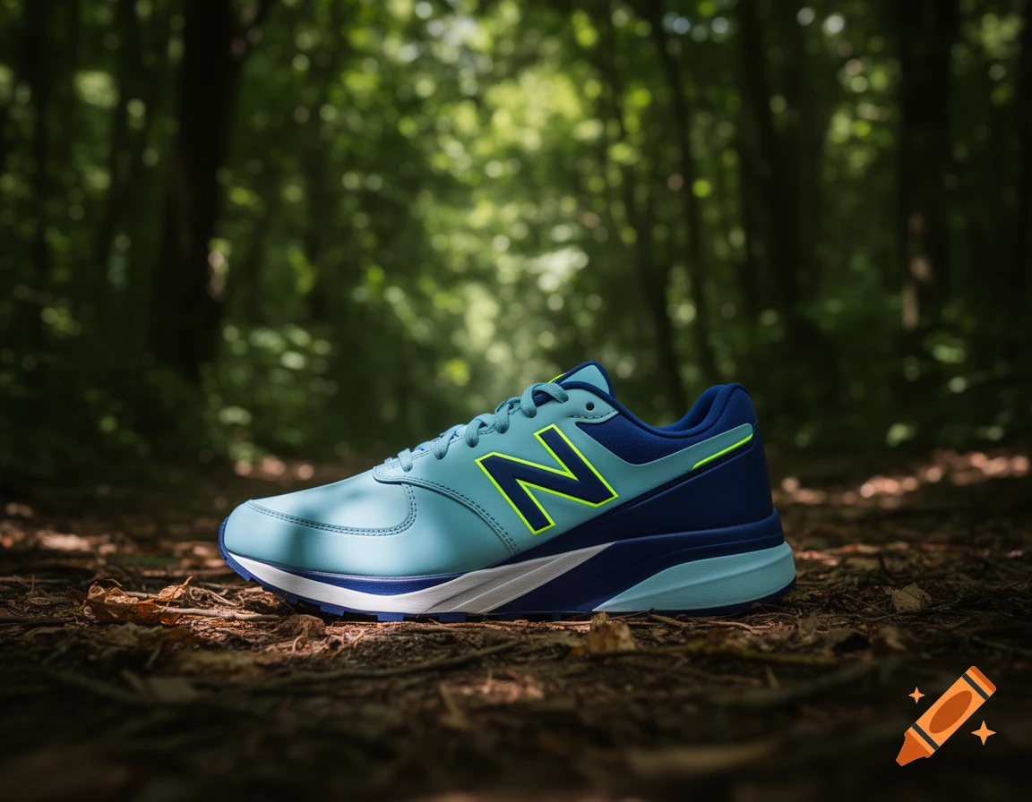 A light blue and dark blue sneaker with a neon yellow 'N' logo sits on a forest floor, lit by dappled sunlight.
