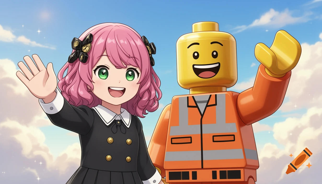 Anya Forger, an anime girl with pink hair, and a Lego Emmett minifigure wave and smile against a cloudy blue sky.