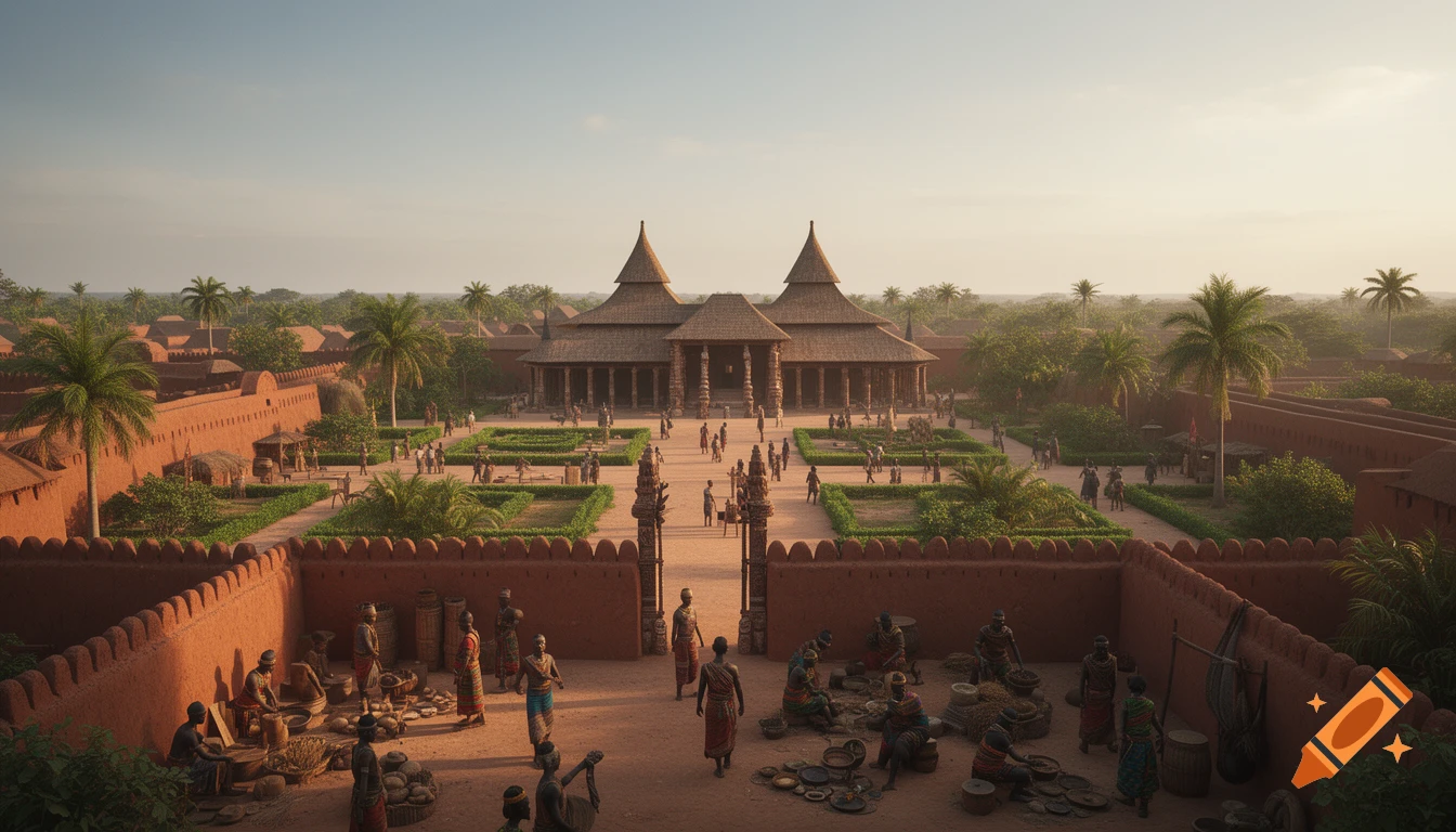 Photorealistic aerial view of a bustling ancient African city with mud walls, thatched buildings, and people in a central square.
