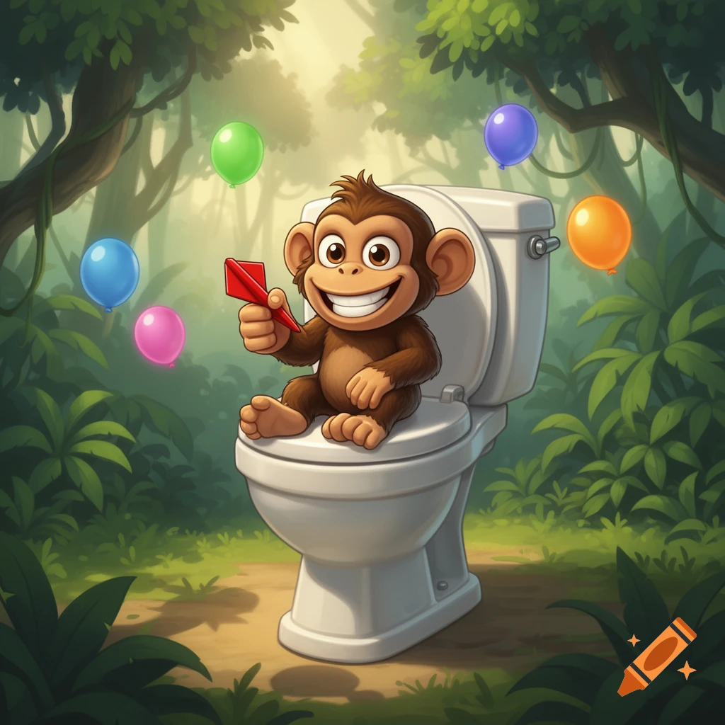 A smiling cartoon monkey sits on a white toilet in a lush jungle, holding a red paper airplane. Colorful balloons float around it.