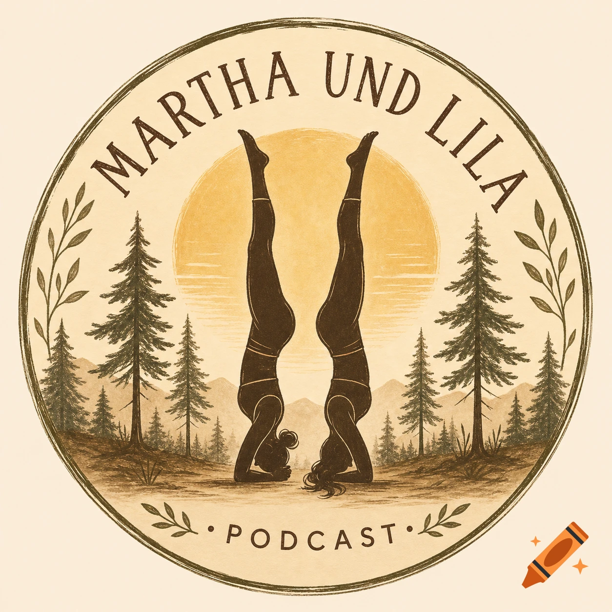 A circular logo illustration in earthy tones featuring two silhouetted women doing headstands in a forest with a sun, text reads "MARTHA UND LILA PODCAST".