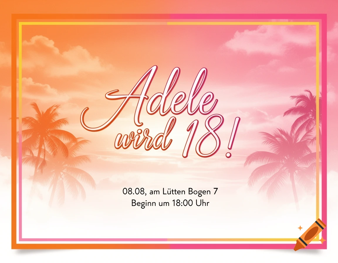 A birthday invitation card for Adele's 18th birthday, featuring a sunset background with palm trees and a colorful gradient border.