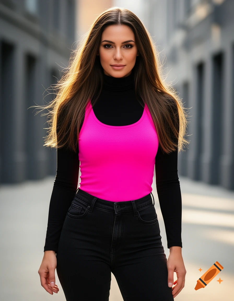 Photorealistic portrait of a woman wearing a hot pink tank top over a black turtleneck and black jeans, standing in an urban street.
