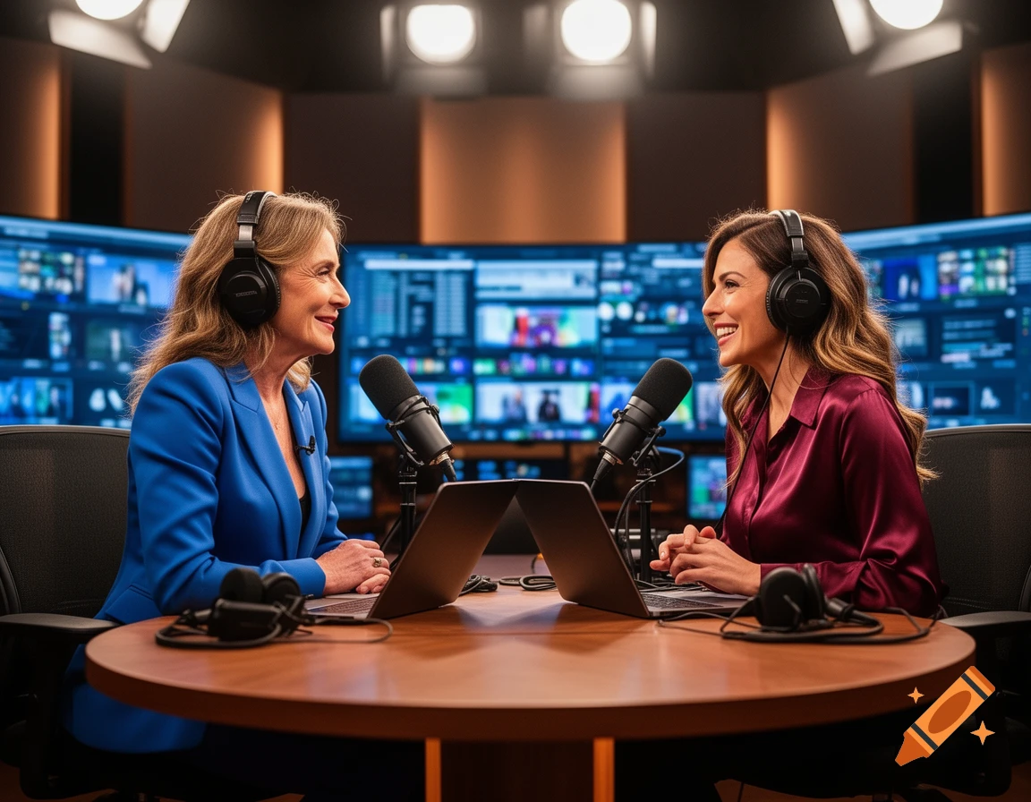 Two women wearing headphones and smiling, sitting at a table with microphones and laptops in a modern TV or podcast studio.