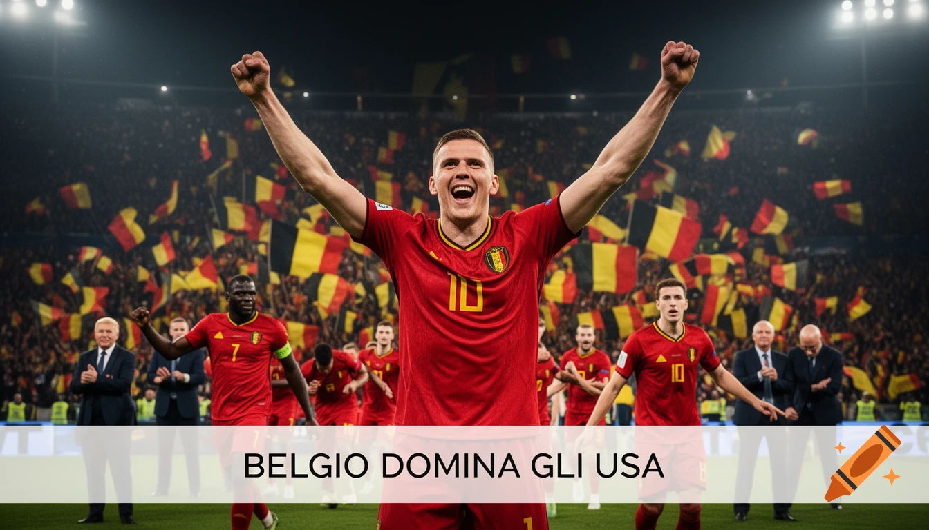 A Belgian soccer player with arms raised in triumph on a stadium field, surrounded by celebrating teammates and fans waving Belgian flags. Text reads "BELGIO DOMINA GLI USA".
