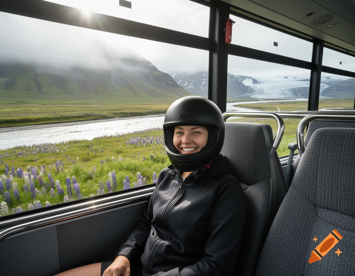 A person in a black helmet smiles while sitting on a bus, looking at a beautiful Icelandic landscape with mountains, a river, and lupine fields.