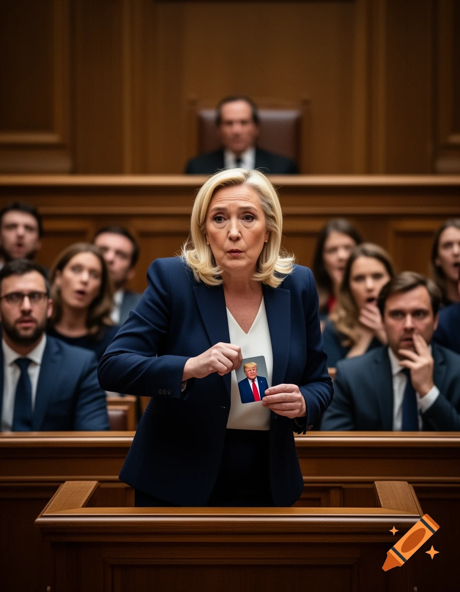 Marine Le Pen in a dark suit holds a small card with Donald Trump's portrait in a courtroom, with onlookers.