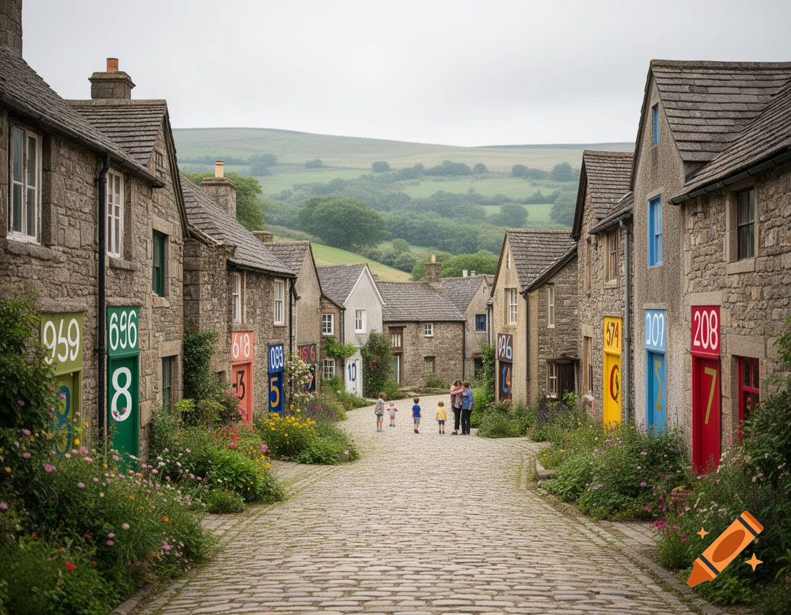 A photorealistic image of a cobbled village street lined with stone houses, each featuring large, colorful numbers on its door. Children and adults walk down the street, with green hills in the background.