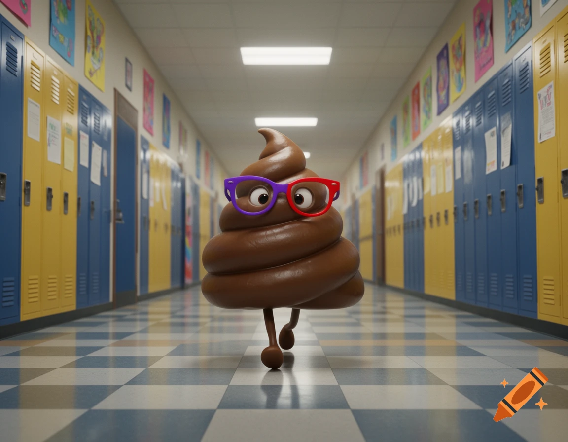 A brown, cartoon poop character wearing purple and red glasses walks down a school hallway lined with yellow and blue lockers.
