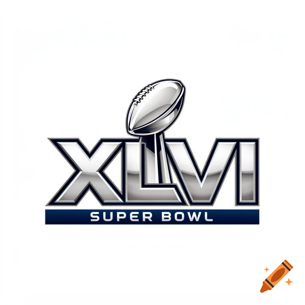 Super Bowl XLVI logo featuring a silver football trophy, metallic Roman numerals 'XLVI', and 'SUPER BOWL' text on a blue bar.