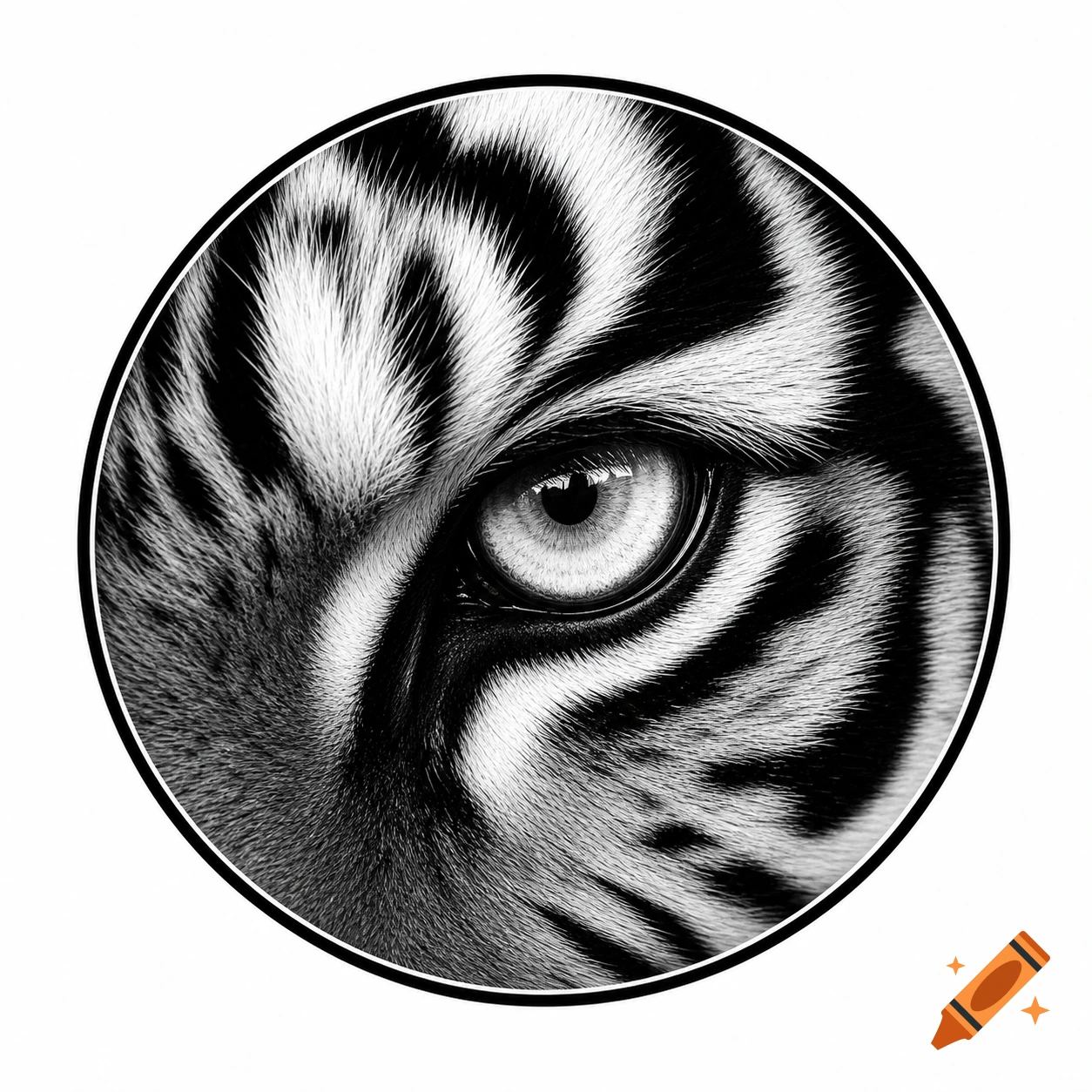 Close-up, black and white image of a tiger's eye and striped fur within a black circle.